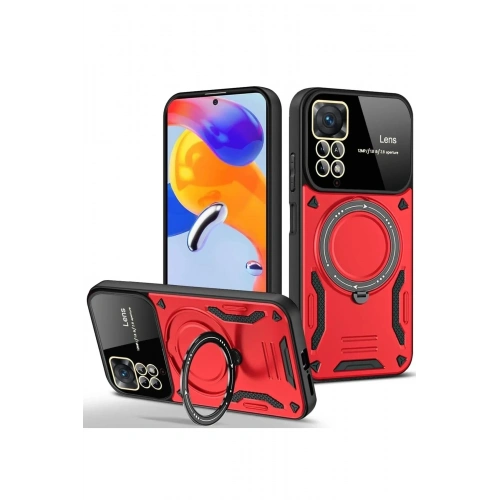 Mey İthalat®   Redmi Note 11 Pro Kılıf Joy Lens Standlı Kapak - Kırmızı