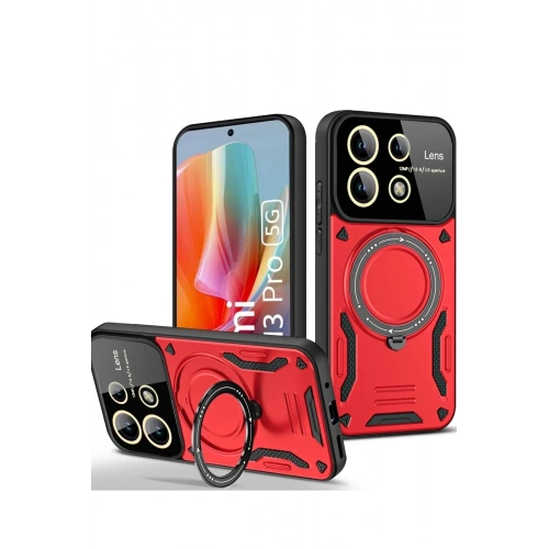 Mey İthalat®   Redmi Note 13 Pro 5G Kılıf Joy Lens Standlı Kapak - Kırmızı
