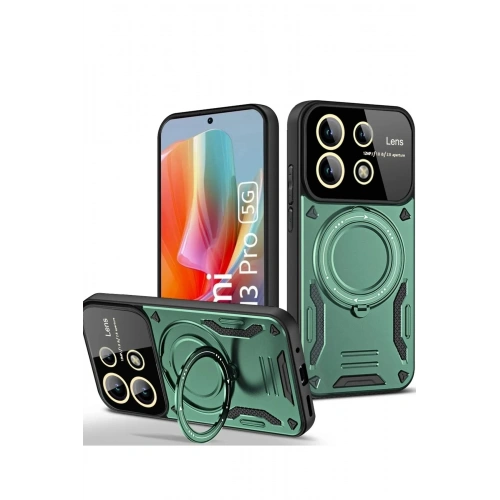Mey İthalat®   Redmi Note 13 Pro 5G Kılıf Joy Lens Standlı Kapak - Koyu Yeşil