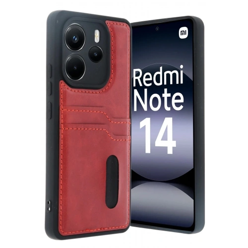 Mey İthalat®   Redmi Note 14 4G Kılıf Sara Kartvizitli Deri Kılıf - Kırmızı