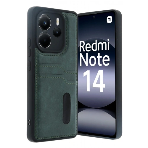 Mey İthalat®   Redmi Note 14 4G Kılıf Sara Kartvizitli Deri Kılıf - Koyu Yeşil