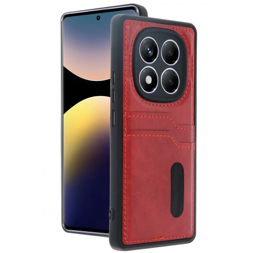 Mey İthalat®   Redmi Note 14 Pro 5G Kılıf Sara Kartvizitli Deri Kılıf - Kırmızı