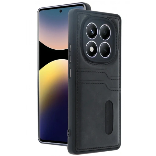 Mey İthalat®   Redmi Note 14 Pro 5G Kılıf Sara Kartvizitli Deri Kılıf - Siyah