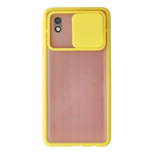 Mey İthalat®  Samsung Galaxy A01 Core Kılıf Palm Buzlu Kamera Sürgülü Silikon - Sarı