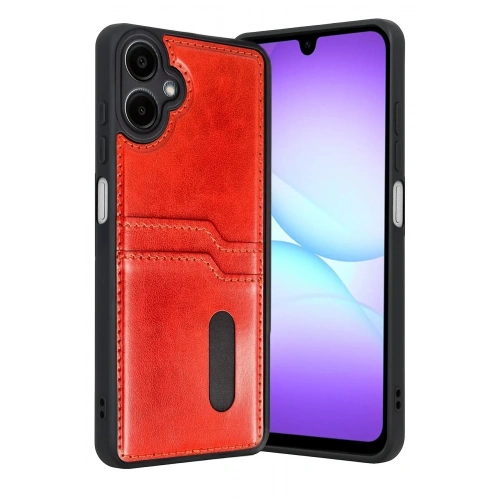 Mey İthalat®  Samsung Galaxy A07 4G Sara Kartvizitli Deri Kılıf - Kırmızı