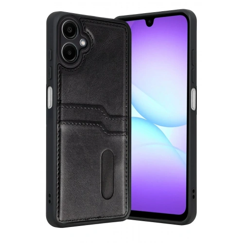 Mey İthalat®  Samsung Galaxy A07 4G Sara Kartvizitli Deri Kılıf - Siyah