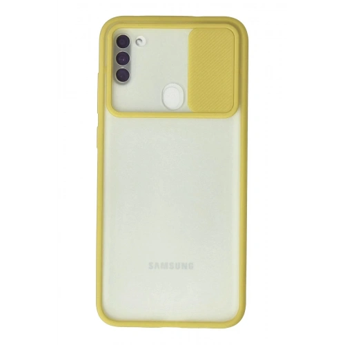 Mey İthalat®  Samsung Galaxy A11 Kılıf Palm Buzlu Kamera Sürgülü Silikon - Sarı