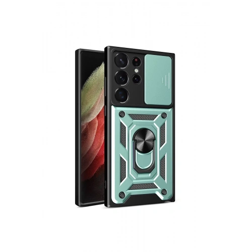 Mey İthalat®  Samsung Galaxy S23 Ultra Kılıf Pars Lens Yüzüklü Silikon - Yeşil