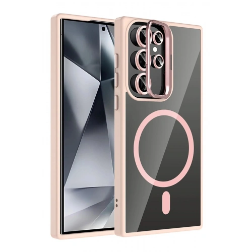 Mey İthalat®  Samsung Galaxy S25 Ultra Remim Lensli Magsafe Standlı Kapak - Pembe