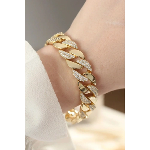 Mey İthalat® Vip Seri Pirinç Zirkon Taşlı Gold Renk Gurmet Bileklik