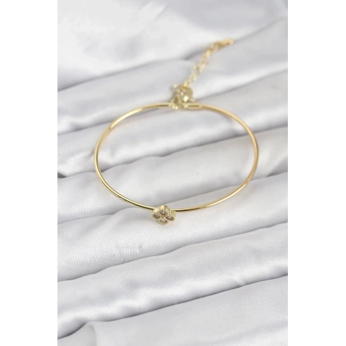 Mey İthalat® Zirkon Taşlı Yonca Model Gold Renk Kadın Bileklik