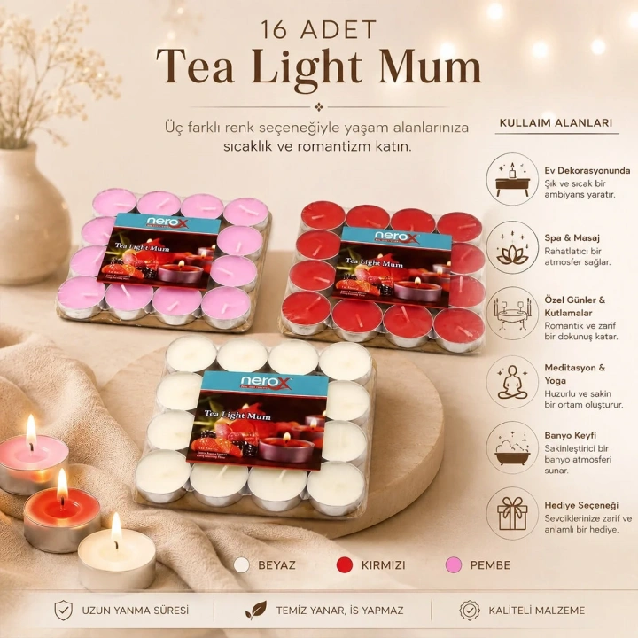 16 PARÇA  KIRMIZI TEA LİGHT YUVARLAK MUM (5468)