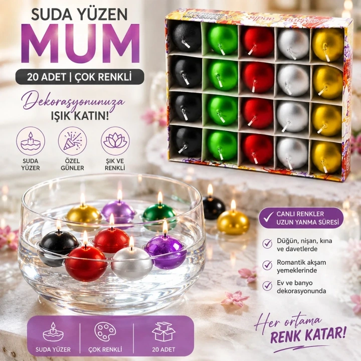 20PCS SUDA YÜZEN MUM BEYAZ - RENKLİ (5468)