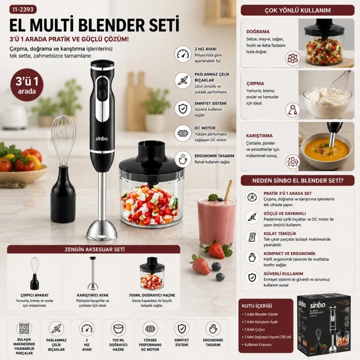 2HIZ AYAR - PASLANMAZ ÇELİK BIÇAK EL MULTİ BLENDER SETİ 700ML HAZNELİ SHB-7529 (5468)
