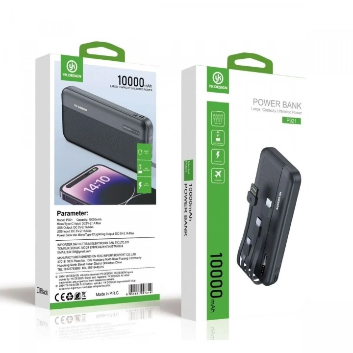 BiiShe® 10000 mAh Micro Type-C USB Lightning 4 Kablolu Hızlı Kablosuz Şarj Powerbank