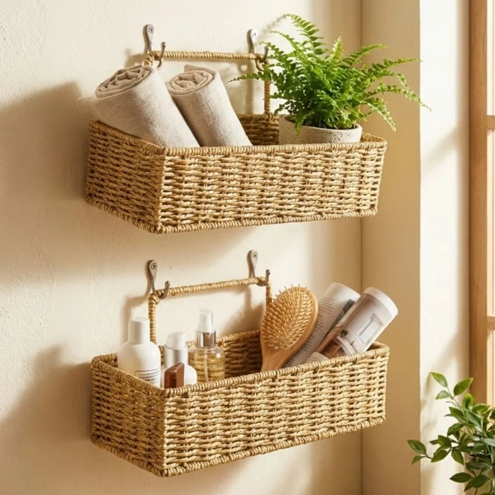 BiiShe® 2’li Duvar Askılı Plastik Rattan Organizer – Dikdörtgen Hasır Görünümlü Mutfak Raf Sepeti, Banyo ve Ev İçi Düzenleme Ünitesi
