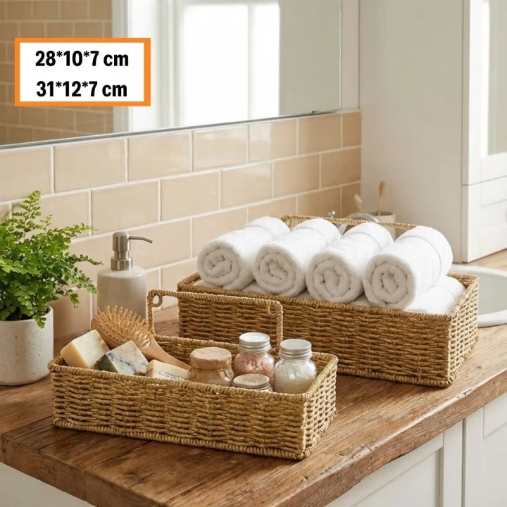 BiiShe® 2’li Duvar Askılı Plastik Rattan Organizer – Dikdörtgen Hasır Görünümlü Mutfak Raf Sepeti, Banyo ve Ev İçi Düzenleme Ünitesi