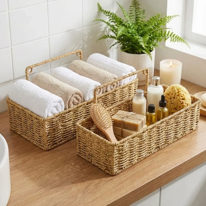 BiiShe® 2’li Duvar Askılı Plastik Rattan Organizer – Dikdörtgen Hasır Görünümlü Mutfak Raf Sepeti, Banyo ve Ev İçi Düzenleme Ünitesi