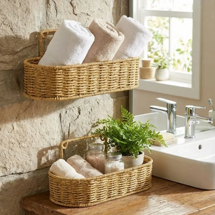 BiiShe® 2’li Duvar Askılı Plastik Rattan Organizer – Oval Hasır Görünümlü Mutfak Raf Sepeti, Banyo ve Ev İçi Düzenleme Ünitesi