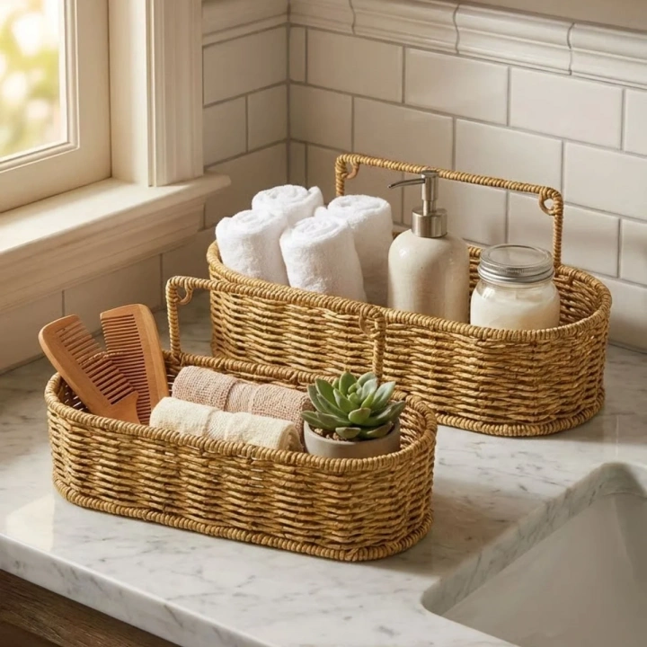 BiiShe® 2’li Duvar Askılı Plastik Rattan Organizer – Oval Hasır Görünümlü Mutfak Raf Sepeti, Banyo ve Ev İçi Düzenleme Ünitesi
