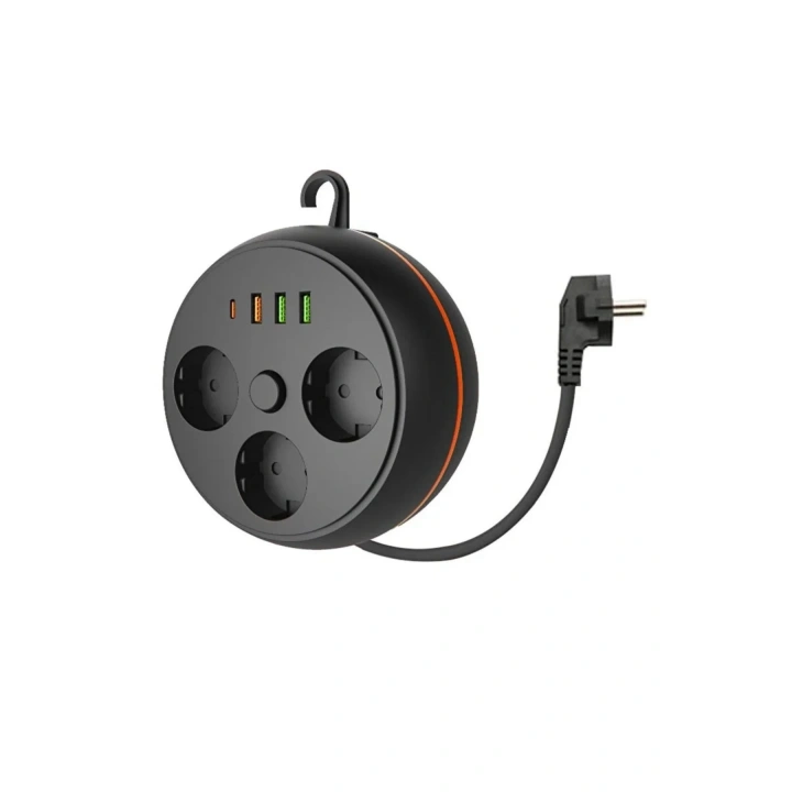 BiiShe® 3 Adet Soket,3 Adet USB ve 1 Adet Type-C Girişli Termal Akım Korumalı Makaralı Priz 3395