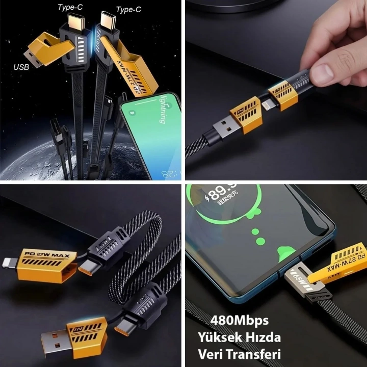 BiiShe® 4in1 65W Hızlı Şarj Kablosu – Type-C to USB-A + Type-C to Lightning, 27W PD Destekli Çoklu Şarj Kablo