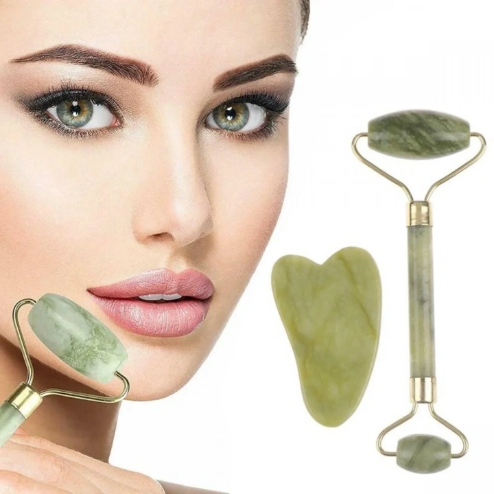 BiiShe® Çift Taraflı 2li Cilt Yüz Masaj Aleti Jade Roller Yeşim  Taşı Seti
