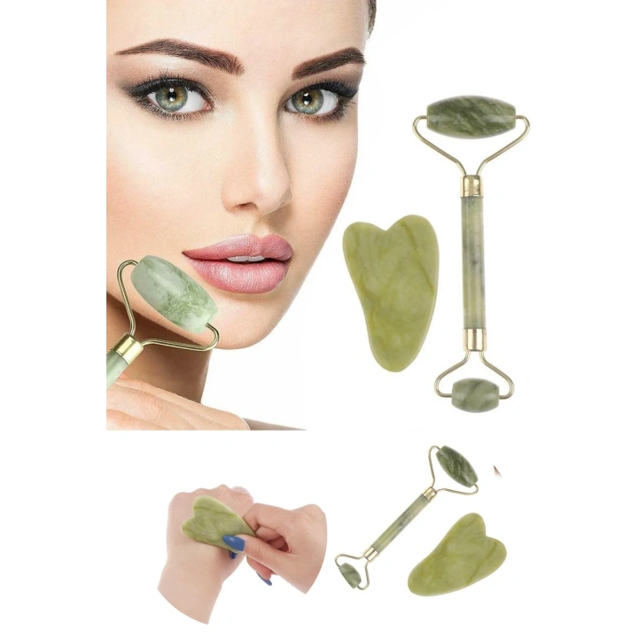 BiiShe® Çift Taraflı 2li Cilt Yüz Masaj Aleti Jade Roller Yeşim  Taşı Seti