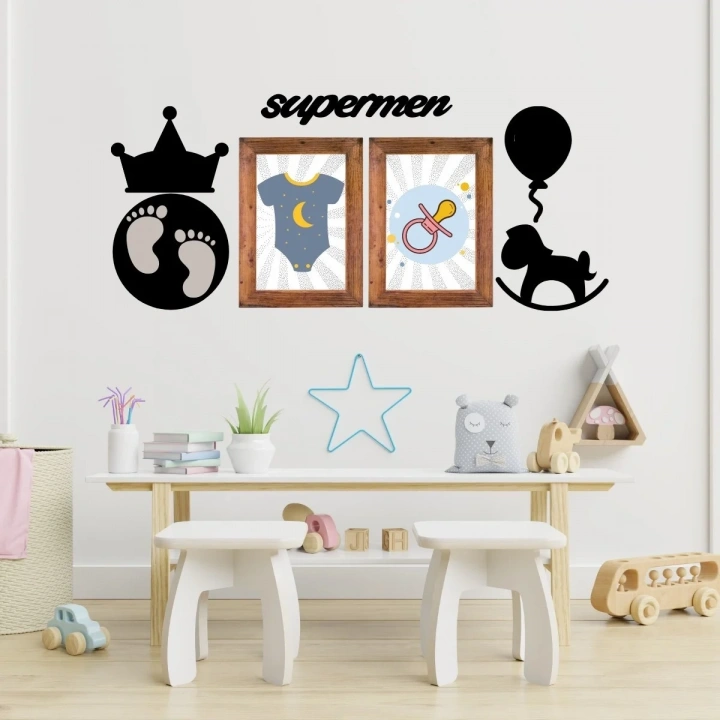 BiiShe® DECO103 Supermen Dekoratif Duvar Süsü Tablo Aksesuar Ahşap Tasarım Hediye Pano Sticker Seti