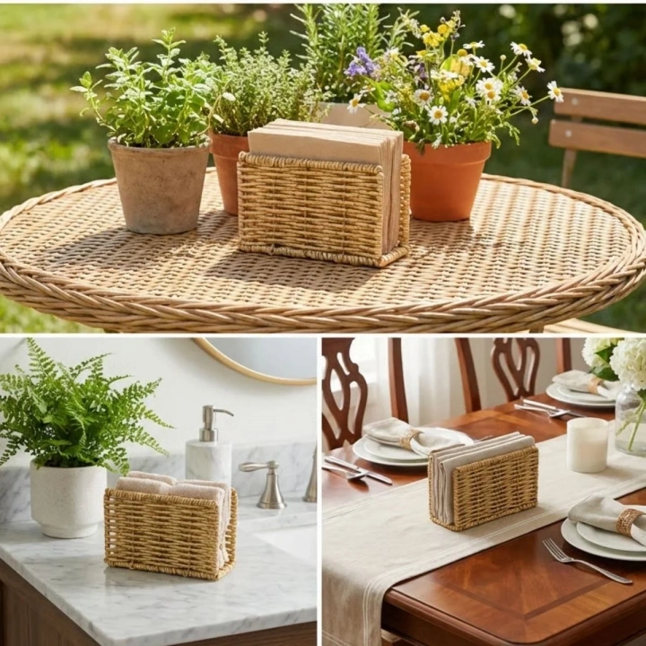 BiiShe® Dekoratif Plastik Rattan Dikdörtgen Peçetelik–Doğal Hasır Dokulu Masaüstü Peçete Standı