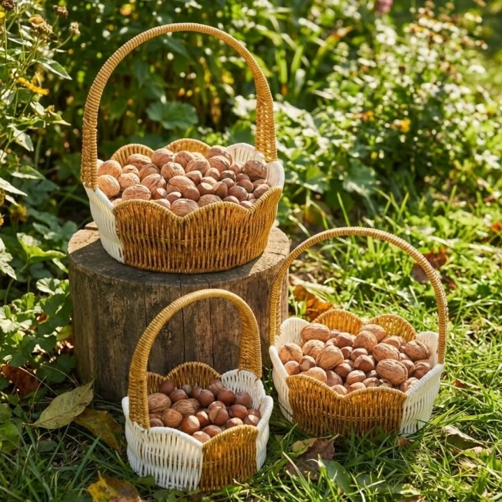 BiiShe® İç İçe Geçebilen 3’lü Çift Renkli Yuvarlak Dalgalı Formlu Saplı Plastik Rattan Sepet Seti – Hasır Görünümlü Çok Amaçlı Organizerler