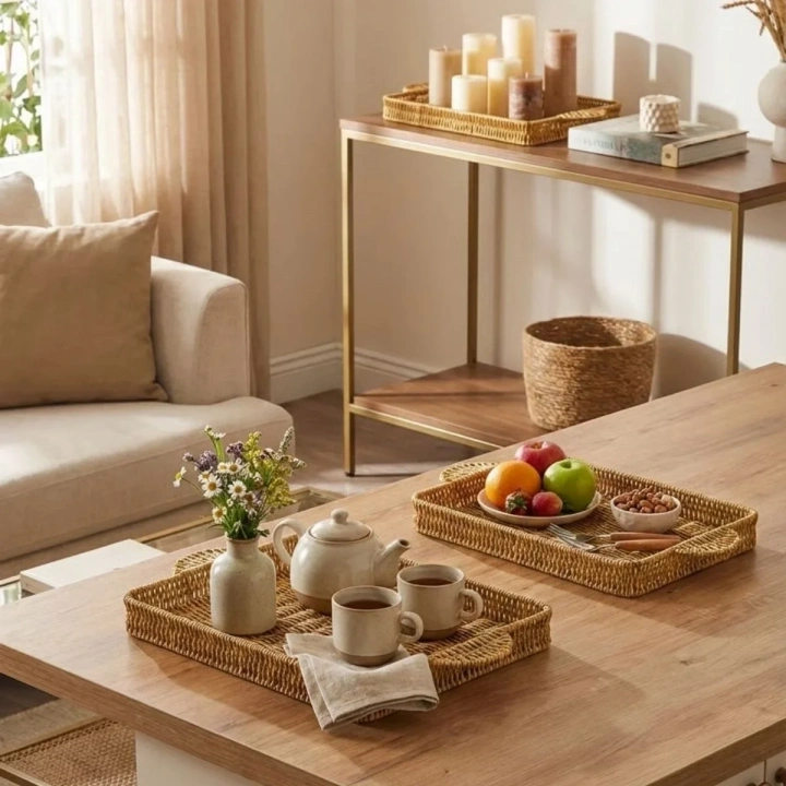 BiiShe® İç İçe Geçebilen 3’lü Dikdörtgen Plastik Rattan Tepsi Seti–Hasır Görünümlü Çok Amaçlı Servis ve Sunum Tepsileri