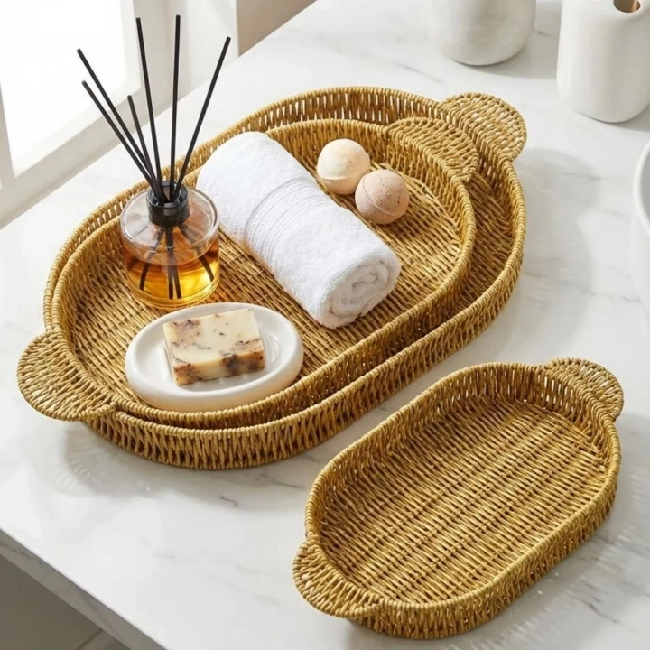 BiiShe® İç İçe Geçebilen 3’lü Oval Plastik Rattan Tepsi Seti–Hasır Görünümlü Çok Amaçlı Servis ve Sunum Tepsileri