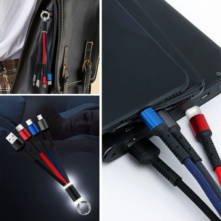 BiiShe® Işıklı Anahtarlık Model 3 in 1 USB Çıkışlı MİKRO,TYPE-C ve İphone Uyumlu Şarj Kablosu