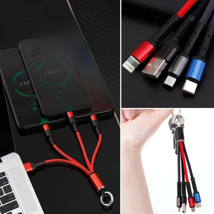BiiShe® Işıklı Anahtarlık Model 3 in 1 USB Çıkışlı MİKRO,TYPE-C ve İphone Uyumlu Şarj Kablosu