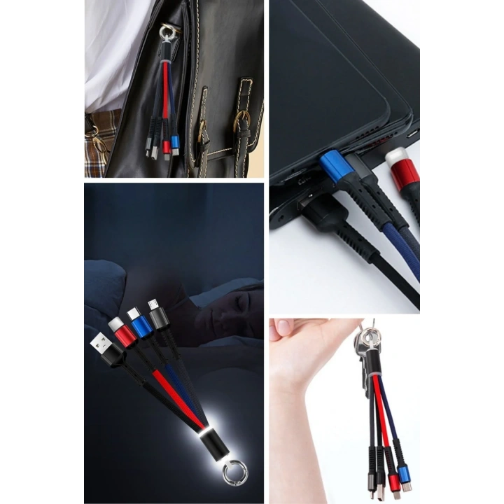 BiiShe® Işıklı Anahtarlık Model 3 in 1 USB Çıkışlı MİKRO,TYPE-C ve İphone Uyumlu Şarj Kablosu