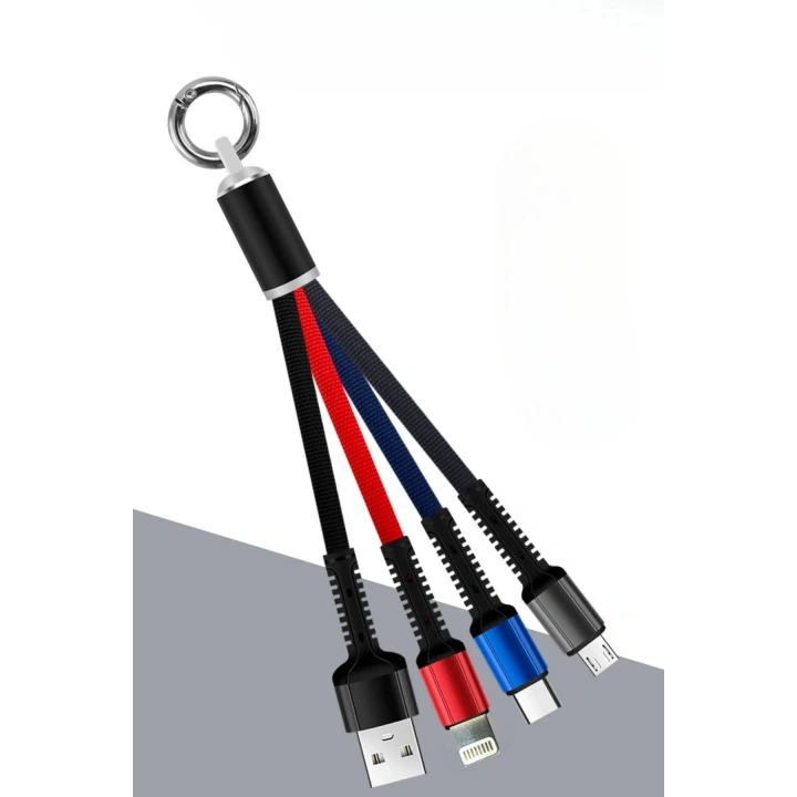 BiiShe® Işıklı Anahtarlık Model 3 in 1 USB Çıkışlı MİKRO,TYPE-C ve İphone Uyumlu Şarj Kablosu