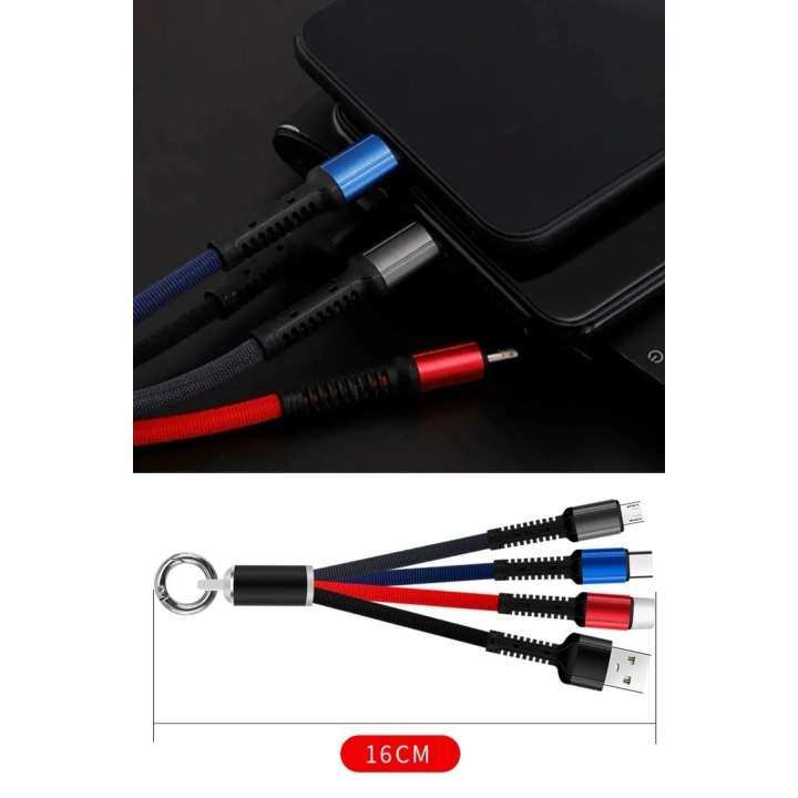 BiiShe® Işıklı Anahtarlık Model 3 in 1 USB Çıkışlı MİKRO,TYPE-C ve İphone Uyumlu Şarj Kablosu