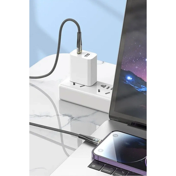 BiiShe® Led Işık Uçlu Sağlam İp Kablolu USB to Lightning Hızlı Şarj Kablosu