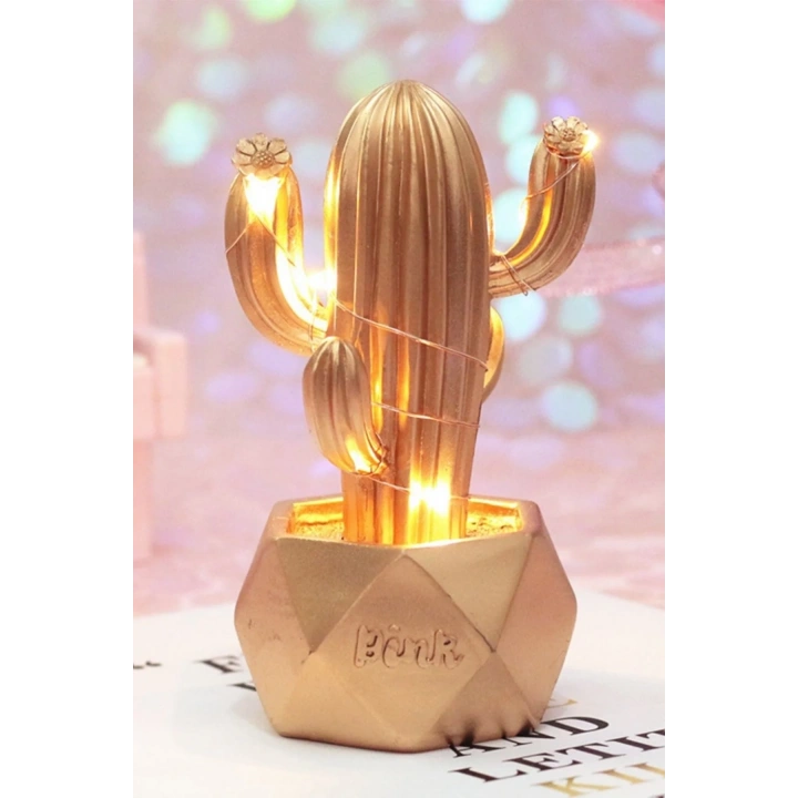 BiiShe® Led Işıklı Sevimli Kaktüs Dekoratif Masa Lambası Mini Biblo Gece Lambası-GOLD