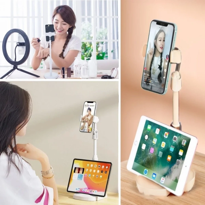 BiiShe® Masa Üstü Tablet ve Telefon Tutucu Plastik Aparat Beyaz Telefon Standı