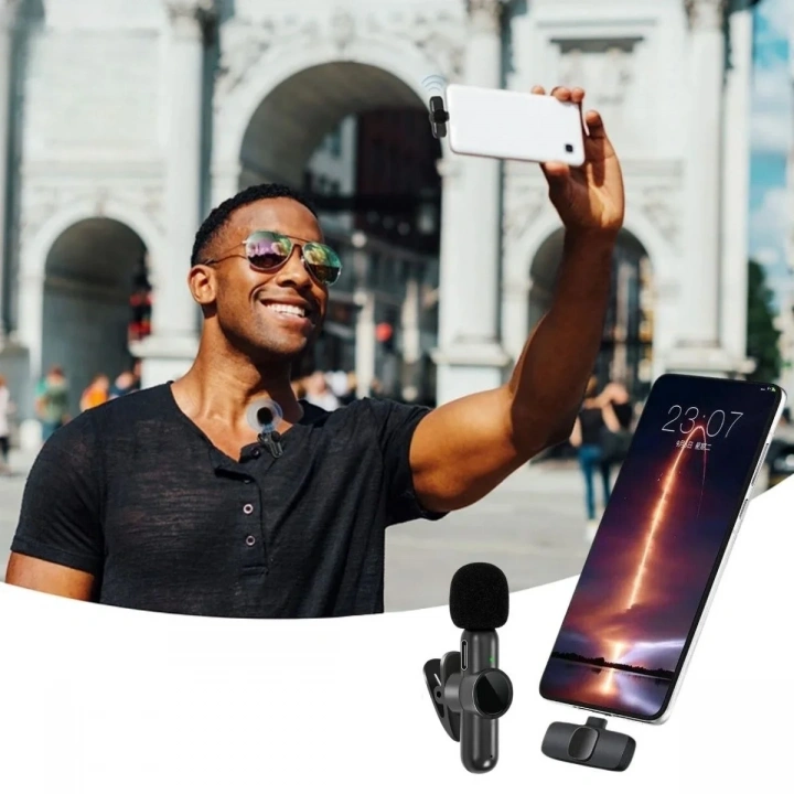 BiiShe® Type C Uyumlu İphone Dönüştürücülü Kablosuz Yaka Mikrofonu Android ve İphone Uyumlu Mini Mikrofon