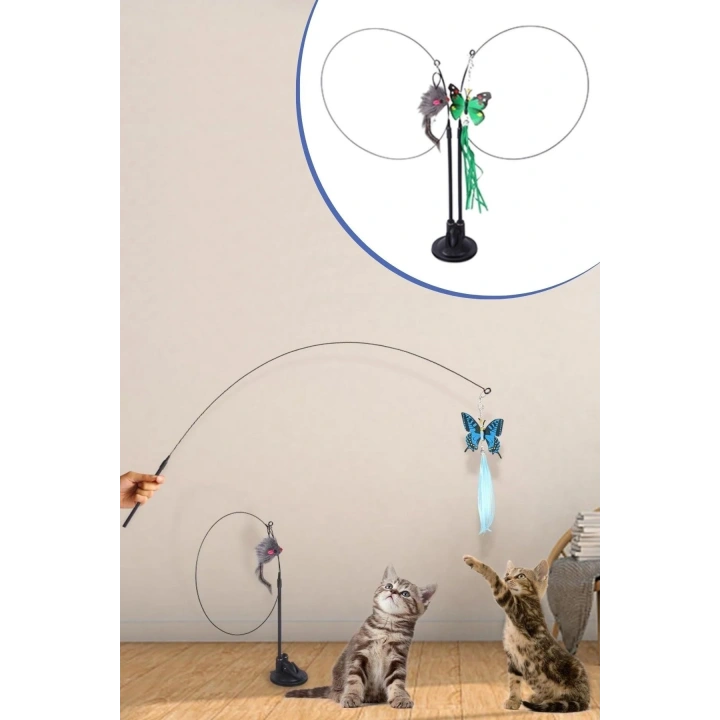 BiiShe® Vantuzlu Tüylü Zilli Olta Kedi Oyuncağı 2 Oltalı