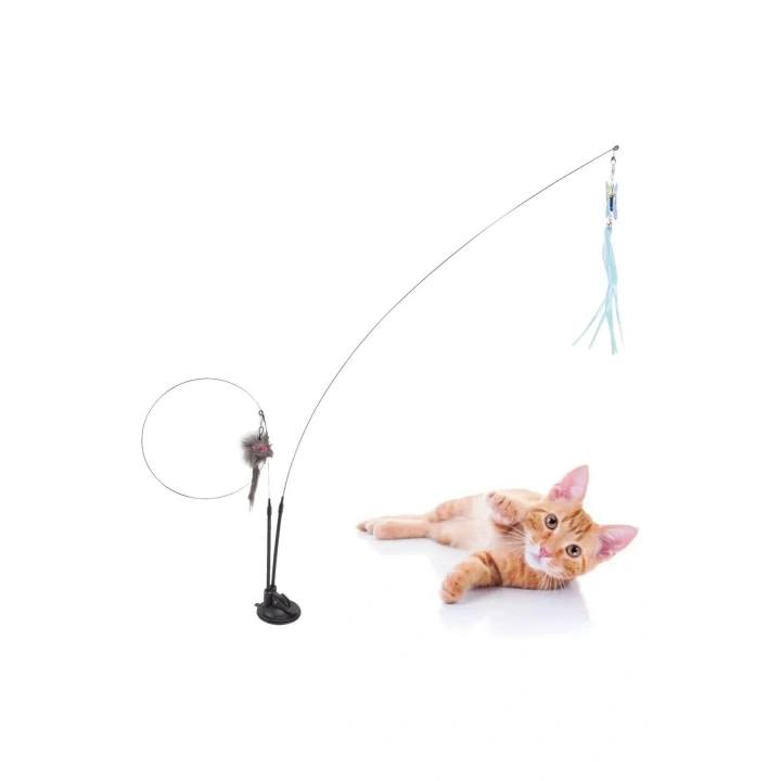 BiiShe® Vantuzlu Tüylü Zilli Olta Kedi Oyuncağı 2 Oltalı