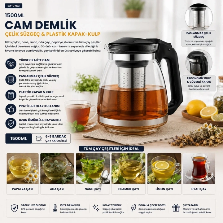 ÇELİK SÜZGEÇLİ CAM DEMLİK 1500ML (5468)