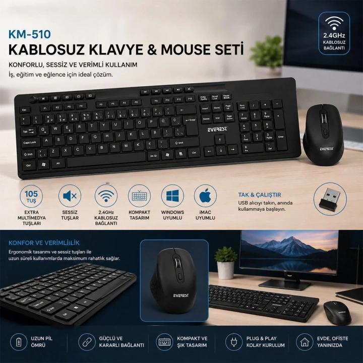 KABLOSUZ MULTİMEDİA KLAVYE - MOUSE SETİ SİYAH Q KLAVYE KM-510 (5468)