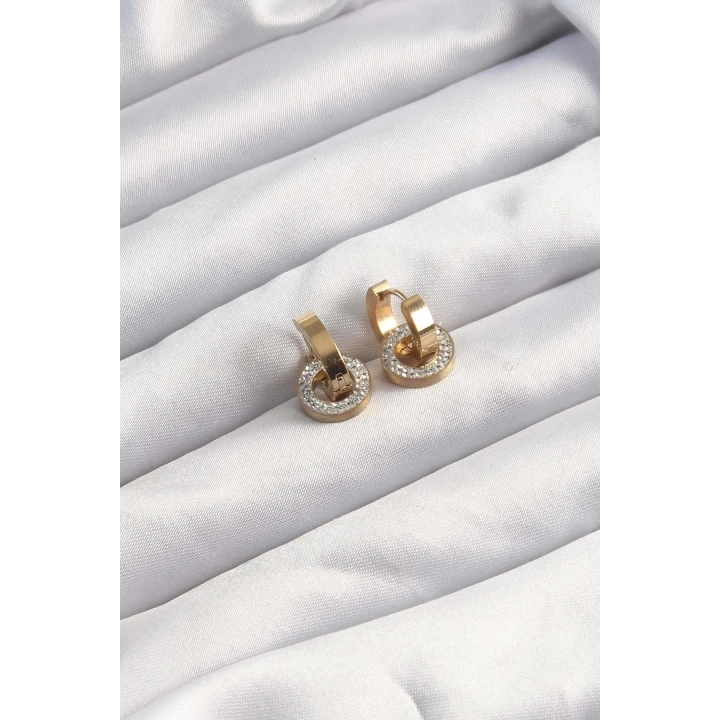 Mey İthalat® 316L Çelik Altın Renk Zirkon Taşlı Halka Model Küpe
