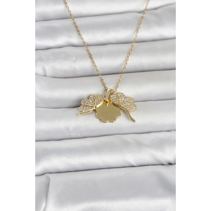 Mey İthalat® 316L Çelik Gold Renk Açılabilir Yonca Model Zirkon Taşlı Kadın Kolye