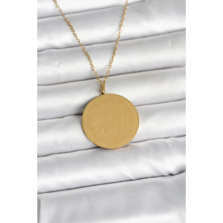 Mey İthalat® 316L Çelik Gold Renk Ayetel Kürsi ve Allah Yazılı Kolye