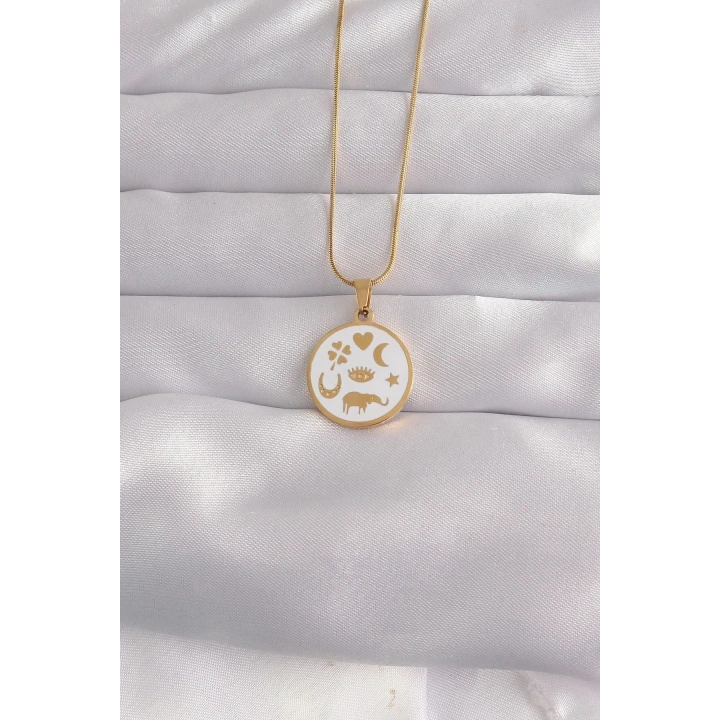 Mey İthalat® 316L Çelik Gold Renk Beyaz Mineli Karışık Figürlü Tarot Kolye